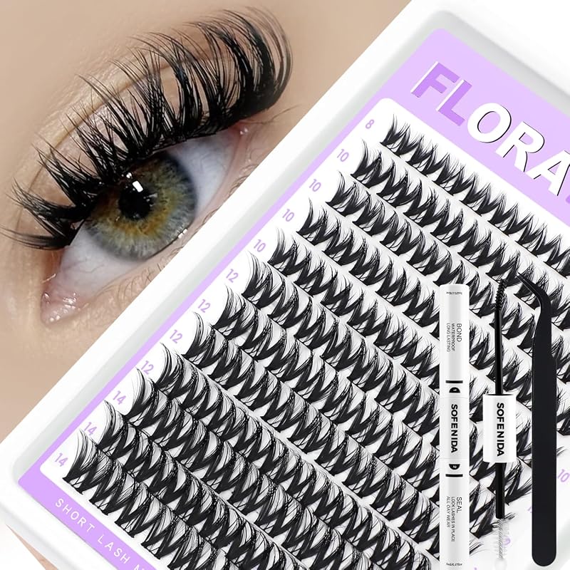 SOFENIDA Kit de Cílios Postiços em Tufos Flora 8–14 mm, Volume Leve, Curvatura D, Faixa Preta de 0,05 mm