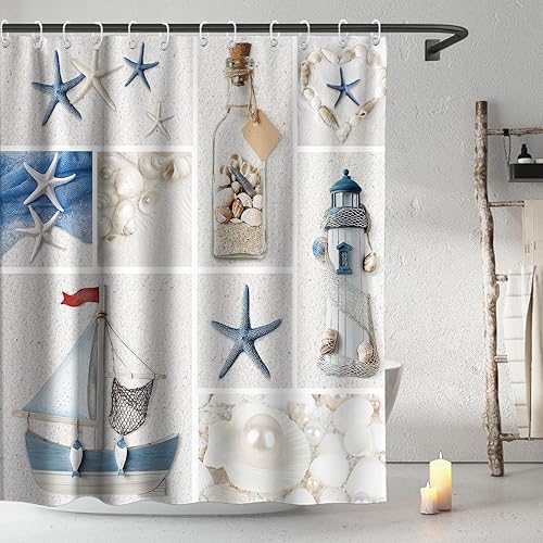 Vista 134 de Cortina de ducha de tortugas marinas, temática náutica de playa, verde y verde azulado, sin ganchos, punto gofre y forro desmontable, decoración