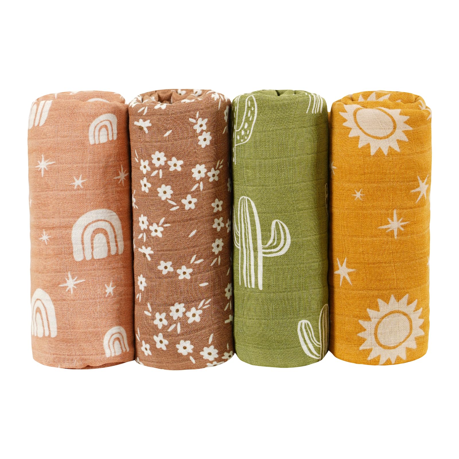 CoolaPeach 4 Set Muslin Swaddle Blankets for Newborn Baby Boys, Girls,Receiving Blankets-Cute Soft Print Baby Towel Wrap 120x110cm Baby(Cactus)