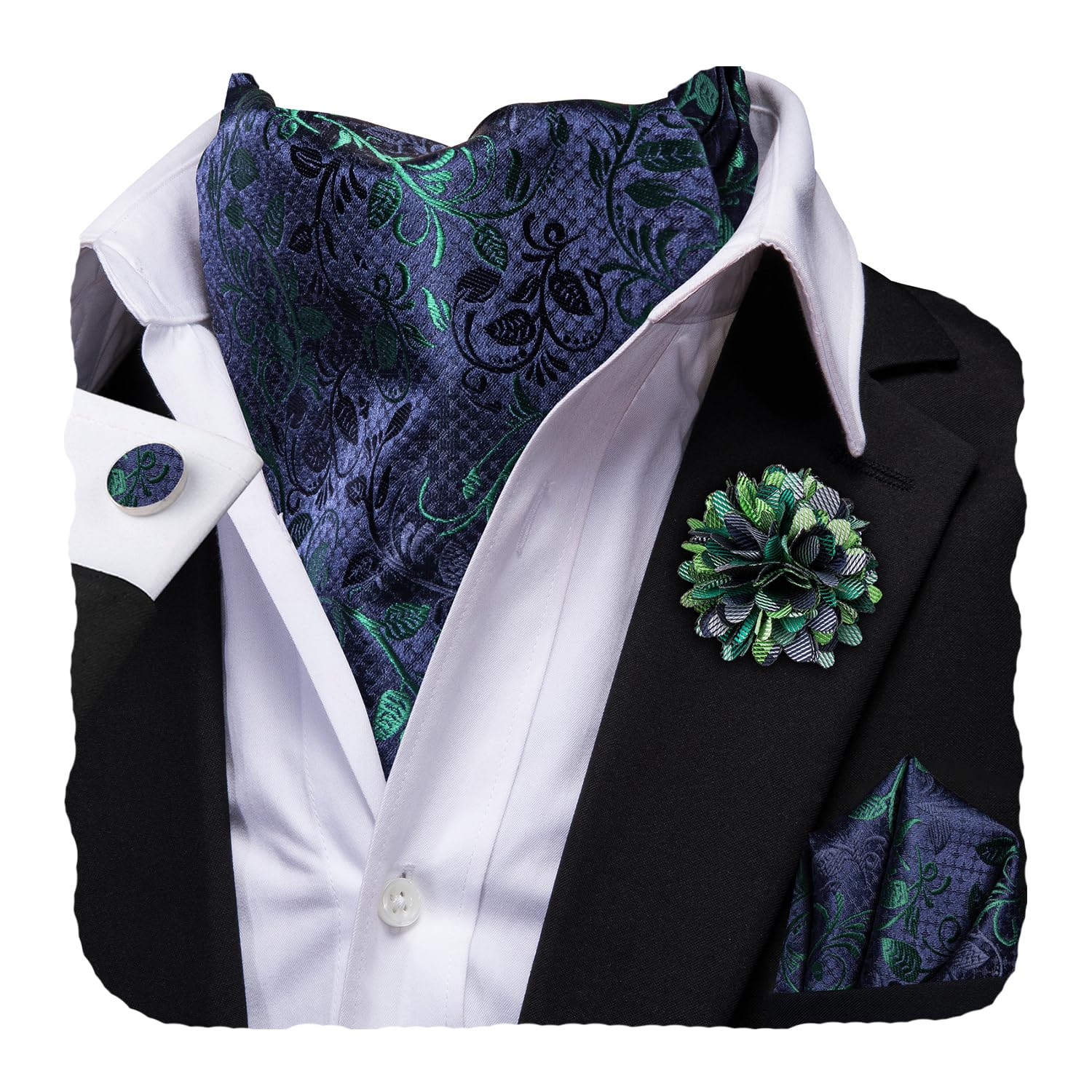 Hi-Tie Silk Ascot for Men Self Tie Men's Cravat and Flower Lapel Pin Handkerchief Cufflinks Set for Wedding Party