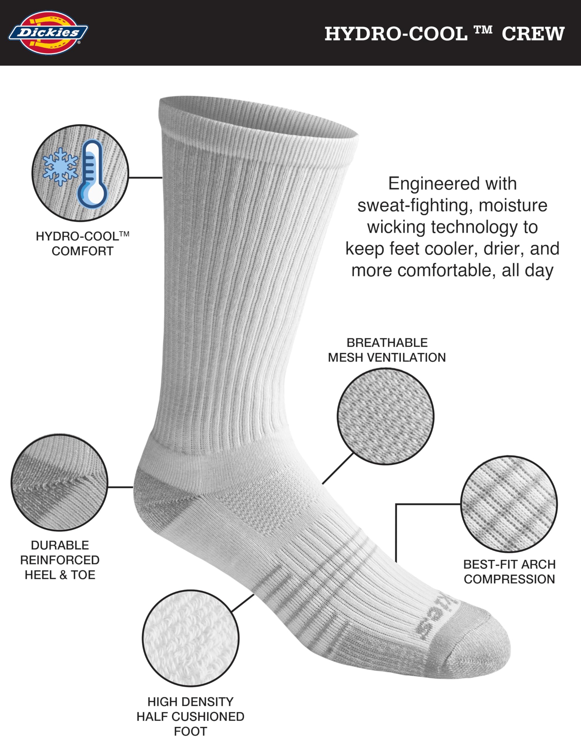 Dickies Skarpety Mężczyźni Hydro-cool Moisture Control Crew Socks, (6 Pairs)