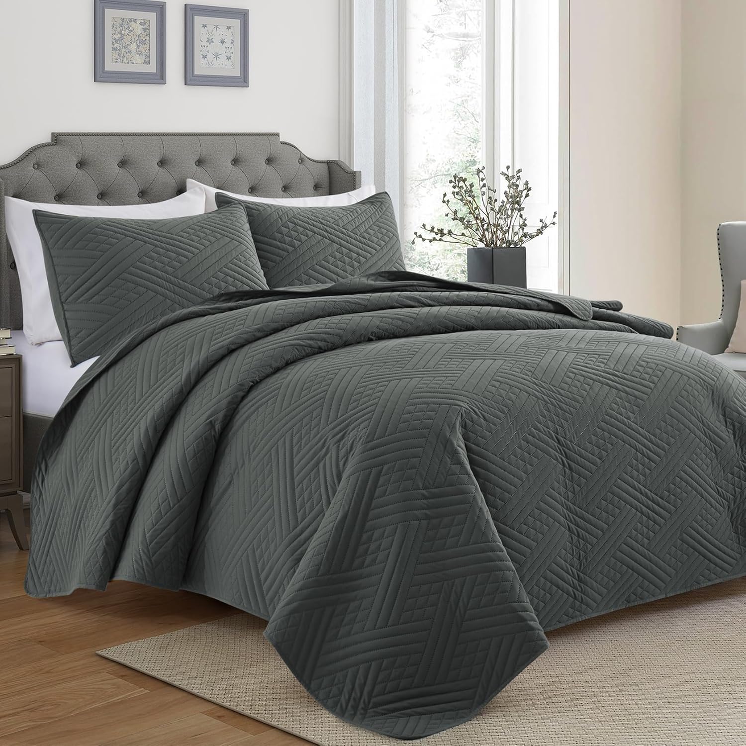 Lavsiry King Size Dark Grey Quilt with Stripe Pattern
