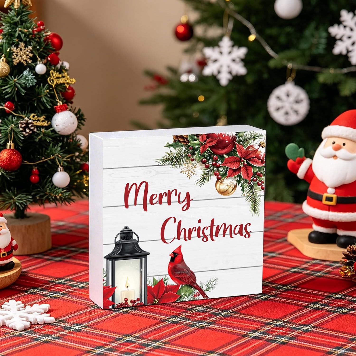 Christmas Decorations Indoor Christmas Decor Table Home Room Office Bathroom Cardinal Grass Wood Box Sign Rustic Wooden Shelf Desk Decor Season Sign House Warming Gifts 5.9 x 5.9 Inch