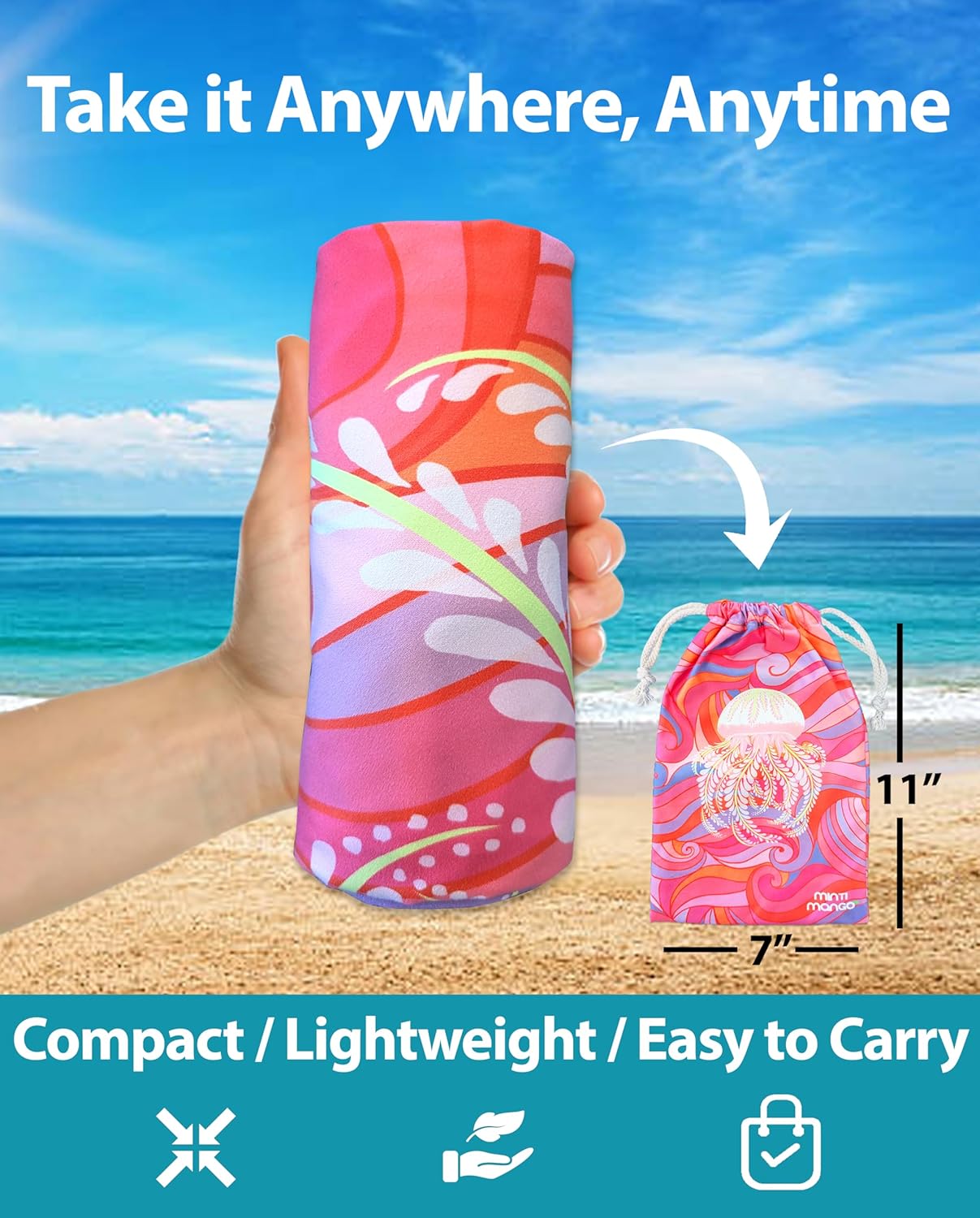 Thin Microfiber Beach Towel Oversized 71X32" Large, Reversible, Lightweight, Quick Dry, Sand Free, Absorbent, Swim, Pool, Cruise, Compact Travel Towel, Camping, Beach Blanket, Bag, Pink, JellyFish