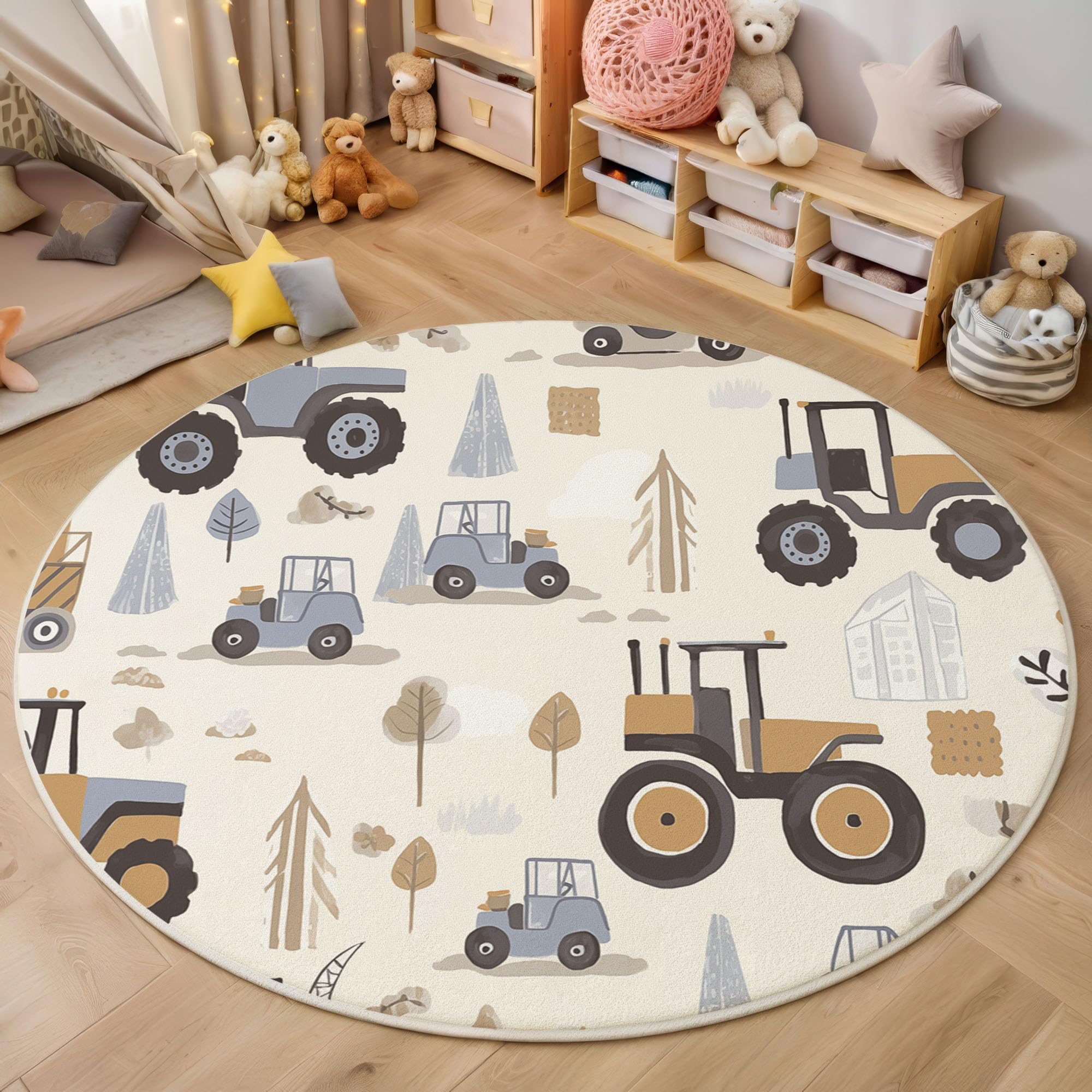Tapis rond antidérapant 160cm lavable imprimé engins de chantier