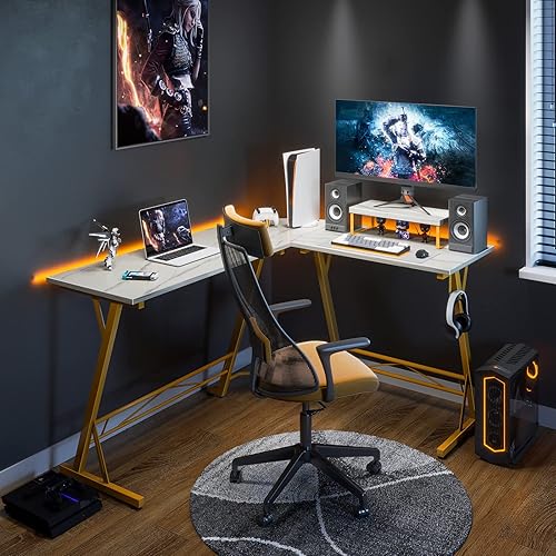 Miniatura 2 de Escritorio en forma de L, de esquina con soporte para monitor para juegos u oficina en casa, 58 pulgadas, mármol laminado.