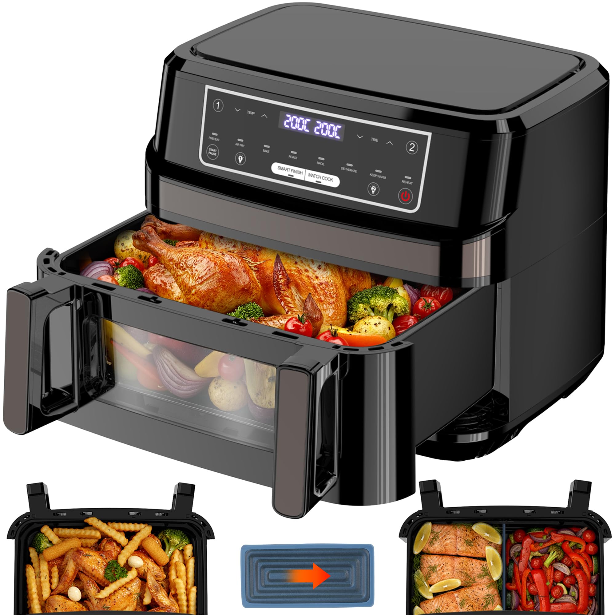 Heteluchtfriteuse, dubbele kamer, airfryer, 12 liter, heteluchtfriteuse XXL, friteuse met kijkvenster, led-touchscreen, 2 vakken, 10 programma's, sync finish & dual cook, dehydratorfunctie, 2600 W Heteluchtfriteuse, dubbele kamer, airfryer, 12 liter, heteluchtfriteuse XXL, friteuse met kijkvenster, led-touchscreen, 2 vakken, 10 programma's, sync finish & dual cook, dehydratorfunctie, 2600 W
