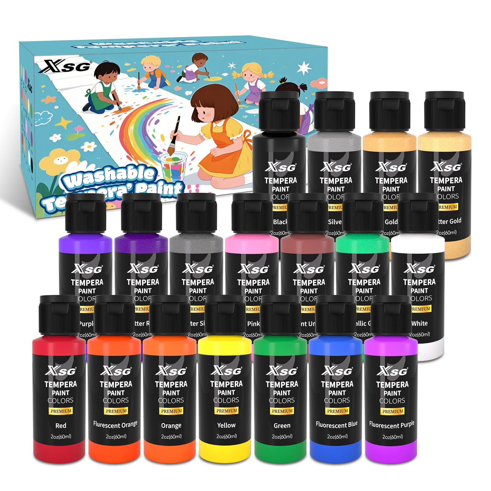 XSG Washable Tempera Paint,18 Colors × 60ml Water Based Kids Poster Paints,Safe Non Toxic,Ideal for Craft Projects,15 Assorted Bright Colours+3 Metallic Colours for Toddlers Children Painting