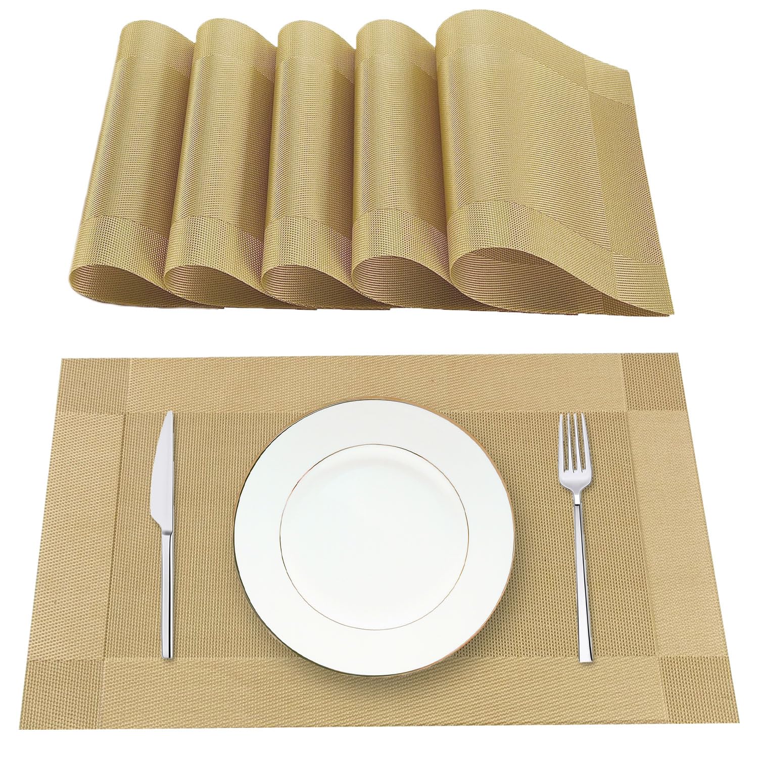 Lumaca Manteles Individuales Lavables, Juego de 6 Salvamanteles Individuales en 70% PVC y 30% Poliéster, Antideslizantes, Resistentes al Calor, para Mesa de Cocina,Oro