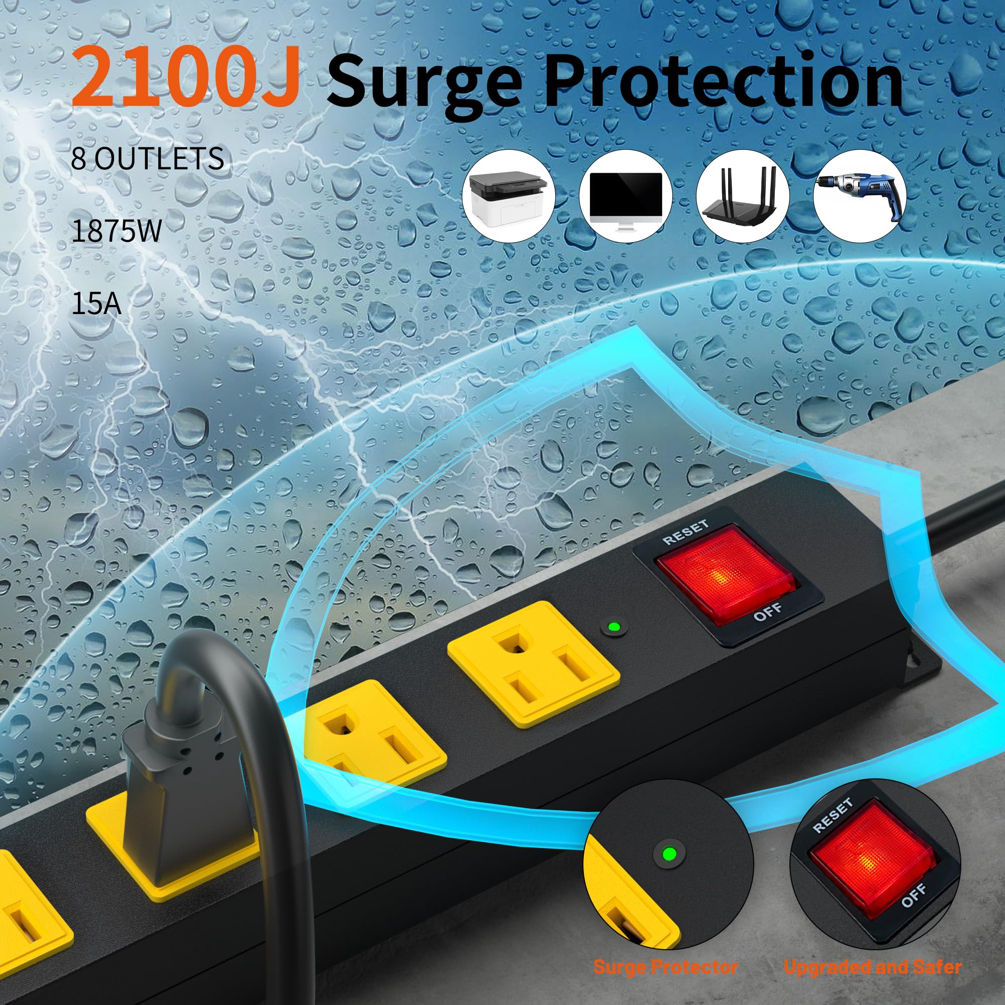 Multiprise longue en métal, 8 prises, 2100 J, protection contre les surtensions avec rallonge de 4,5 m, large distance et montage mural, multiprise pour maison, industrie, atelier et