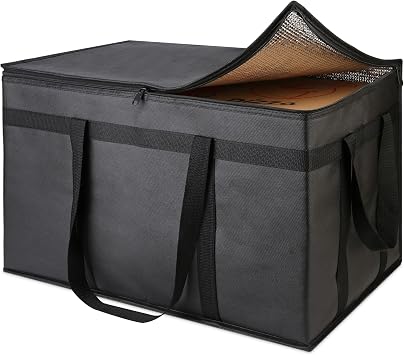L Insulated Food Delivery Bag - Reusable Thermal Cooler Grocery Bags for Doordash Catering, Pizza Carrier, Events, Keeps Cold/Hot Food Frozen or Warmer for Travel/Shopping, Commercial Black, 1PK