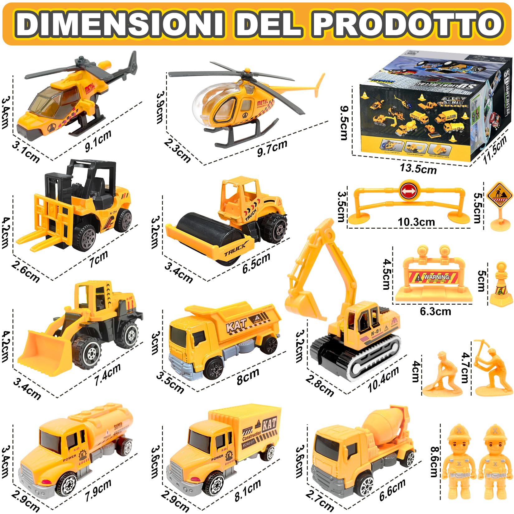 TOYABI Macchinine per Bambini, Micro Machines, Set di 18 veicoli da costruzione con dumper/aereo/blocco stradale ecc., Auto in lega pressofusa per ragazzi & ragazze dai 3 anni in su