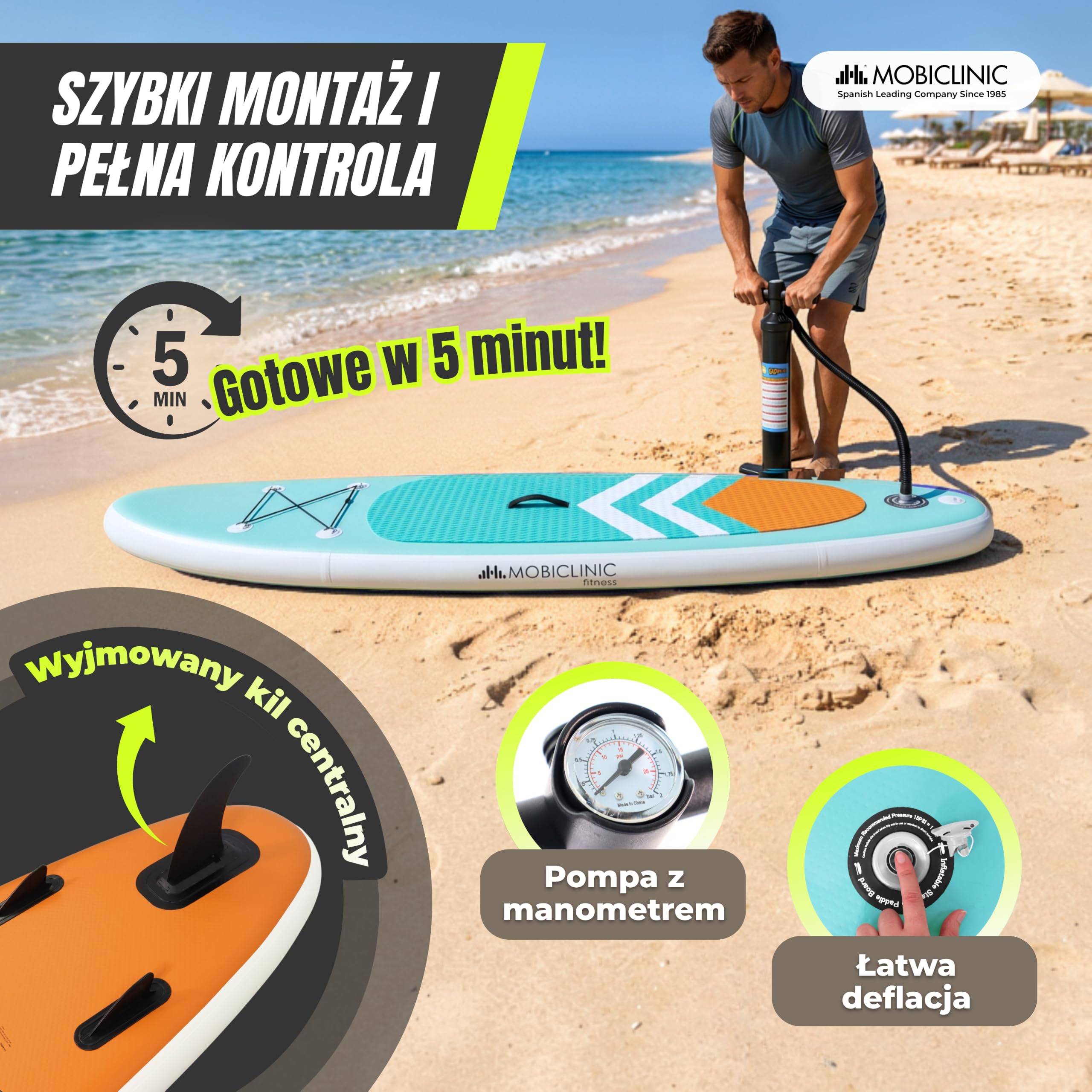 Mobiclinic®, Nadmuchiwana deska do paddlesurfingu, Lilo, Zestaw z pompą, Plecak, Regulowane wiosł, Etui na telefon, Naprawczy, 320x83x15 cm, Dla dzieci, Dorosłych i zwierząt, 150 kg