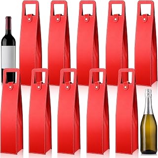 FillTouch 10 Pcs Leather Wine Gift Tote Bags, Red, Classic Style | Reusable Leather Carrier Single Bottle Champagne Beer Protector Gift Bags for Parties Travel Birthdays Wedding Christmas