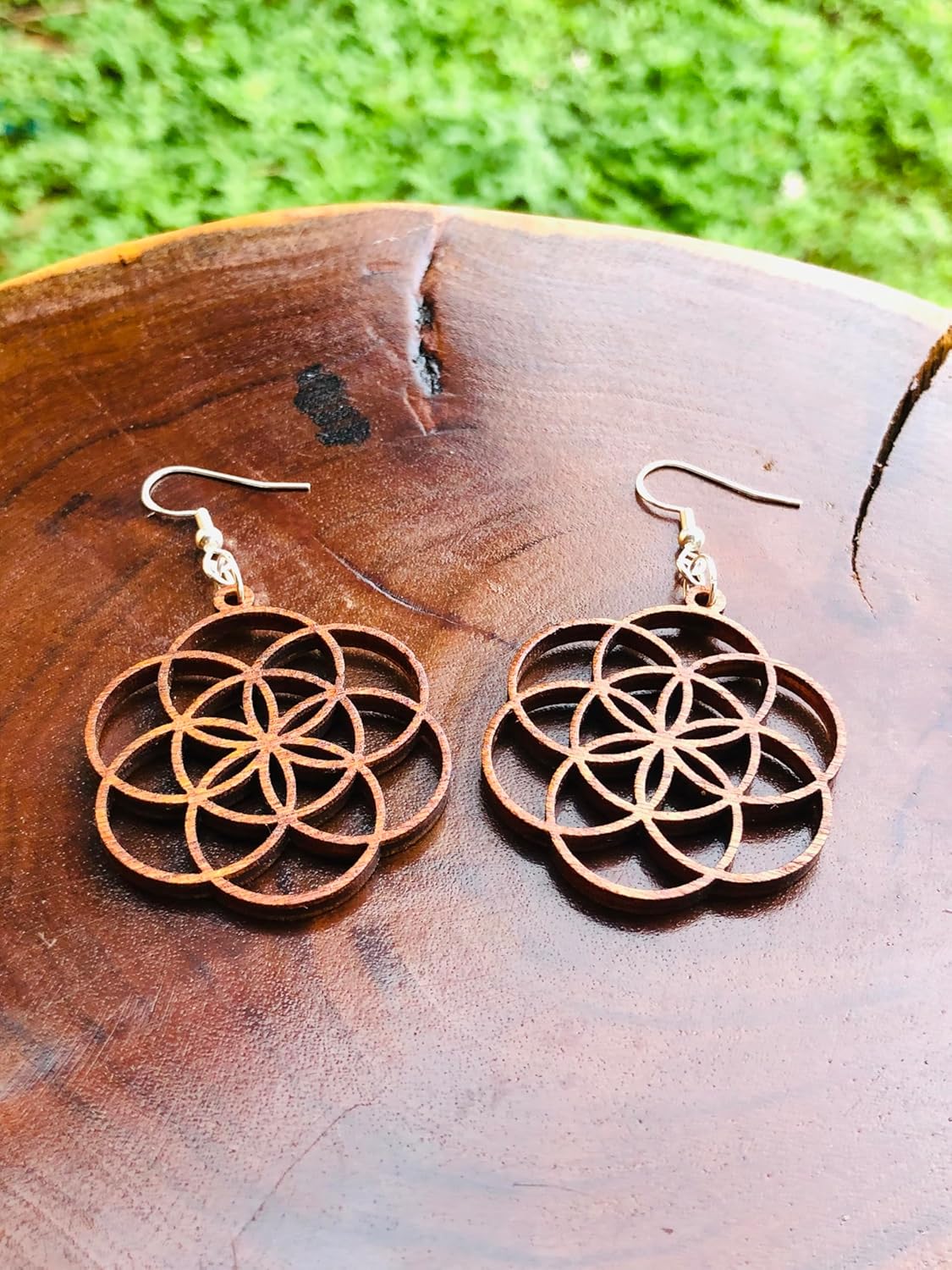 Seed of Life Earrings with Silver Hooks, Wooden Laser Cut Earrings, Sacred Geometry Jewelry