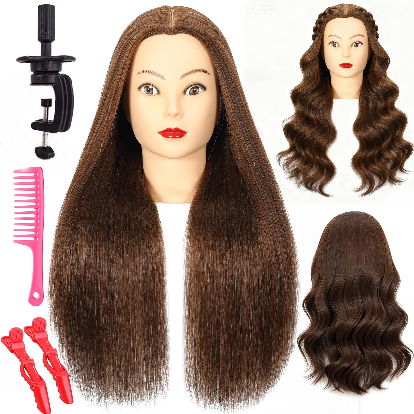 Kobieca głowa manekina ze 100% prawdziwymi ludzkimi włosami, 56 cm, naturalny brąz, kosmetologia, głowa manekina, stylizacja, stylizacja, trening, główki lalek z zaciskiem i grzebieniem