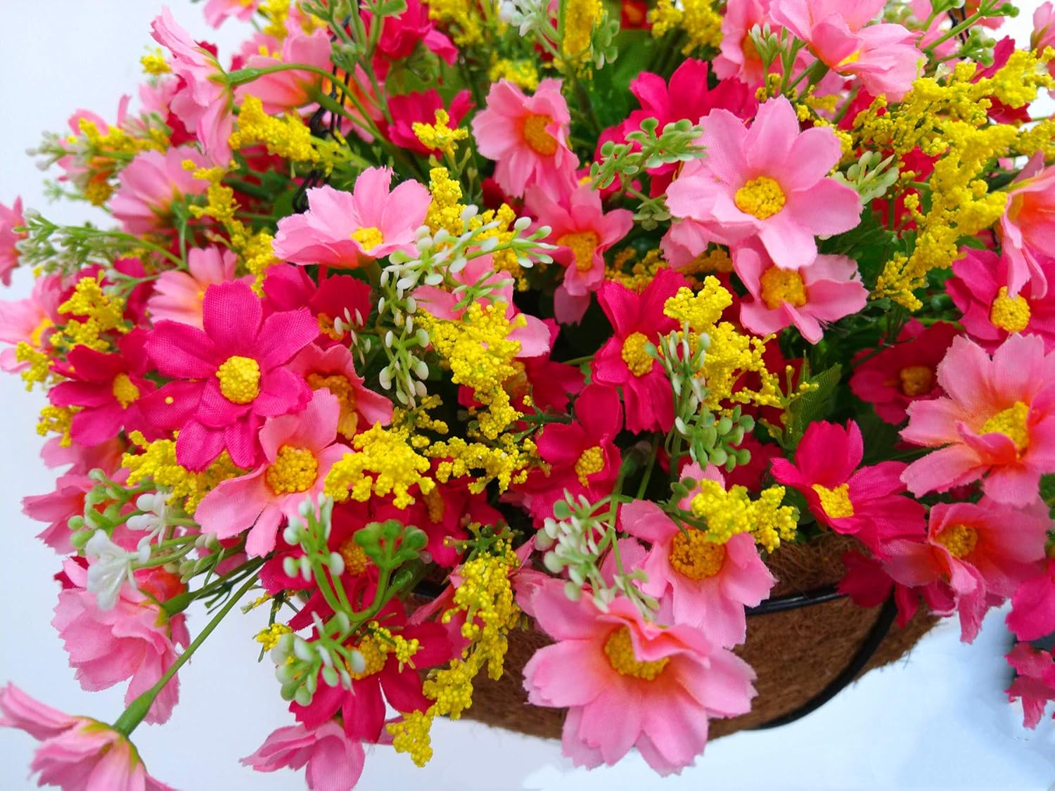Home and Outdoors Silk Chain Hanging Basket Flowerpot Flowers Artificial Daisy Red Flowers and Pink Flowers (Medium Basket)