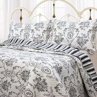 Cozy Line Home FashionsFrench Medallion Black White Grey Rose Flower Pattern Printed 100% Cotton Bedding Quilt Set Reversible Coverlet Bedspread (Black White, Queen - 3 Piece)