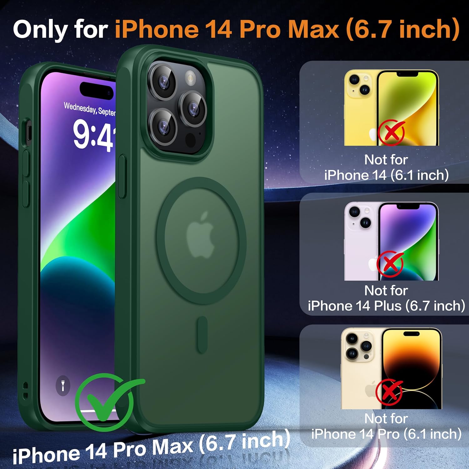 Magnetic for iPhone 14 Pro Max Case - Compatible with MagSafe - Military Grade Drop Protection - Slim Anti-Scratch Translucent Shockproof Phone Cover 6.7" - Dark Green