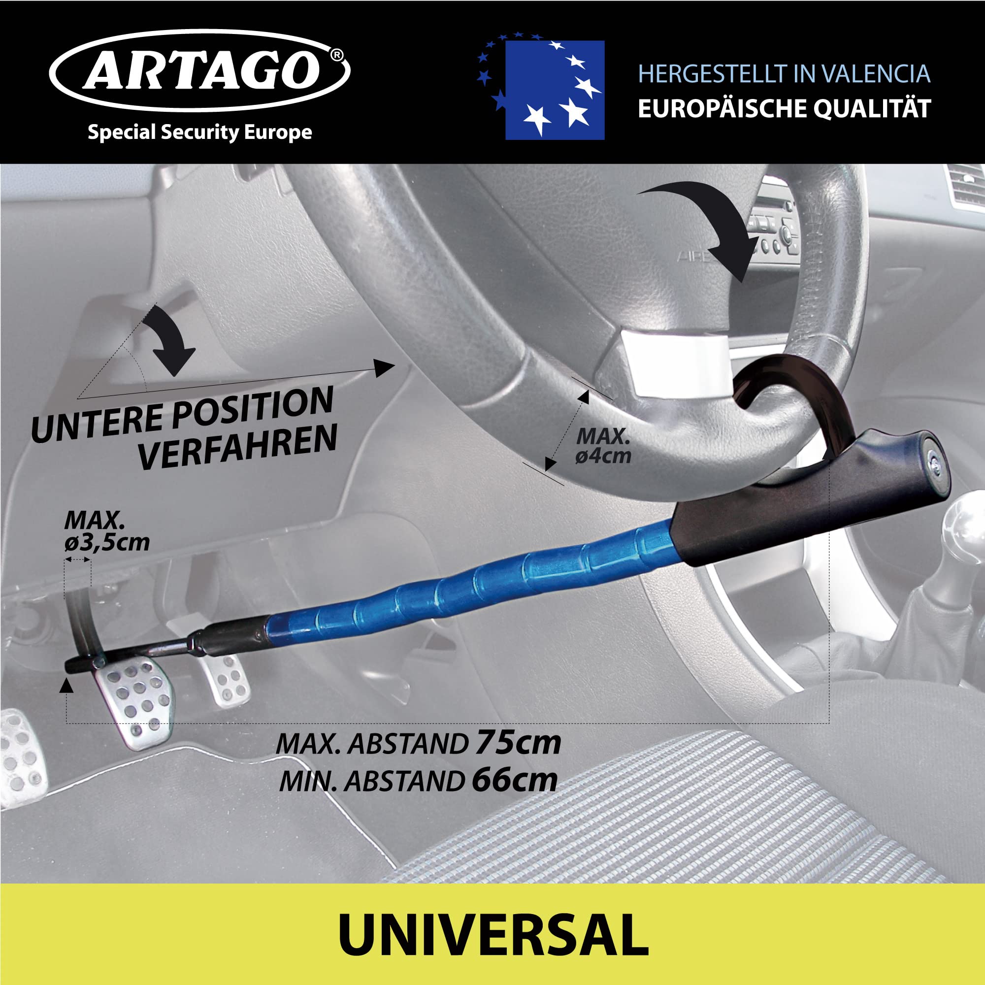 Artago 880/B Lenkradschloss Pedal EASY HOOK, Lenkradkralle, Diebstahlsicherung Lenkrad Pedal Auto, Gelenkig und Gepanzert