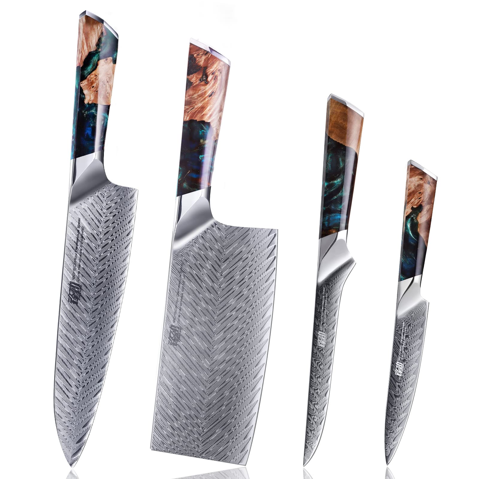 FINDKING 4PCS Chefs Knives Set, Versatile and Multisize, Damascus Steel Kitchen Knife Set, Full Tang, for Meat, Vegetable Home (Nebula Series, Blue)