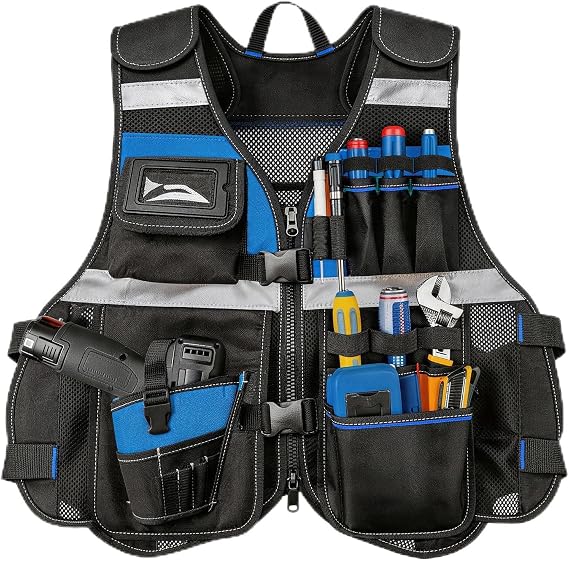 Electrician Tool Vest, Tool Vest for Men, Tool Vest Electrician with Molded Drill Holster, 1680D Heavy Duty Adjustable Work Vest, Reflective Workwear with 16 Storage Spaces, Fits Chest 3764, Blue
