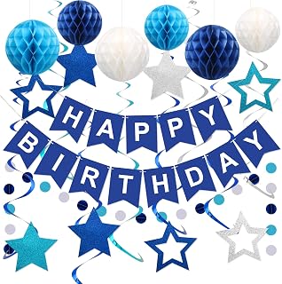 meowtastic Blue Happy Birthday Decorations Kit: Glitter Star Banner, 6 Honeycomb Balls, Swirl Streamers, Dots Garland for Parties