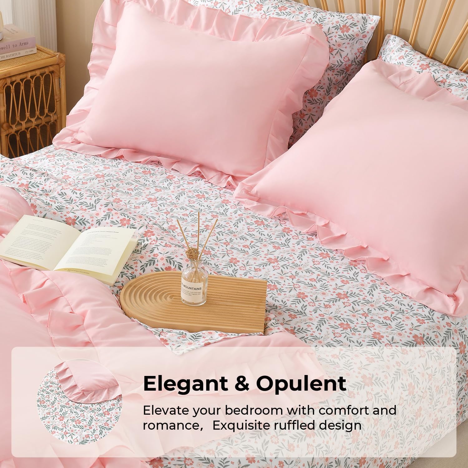 Litanika Queen Size Comforter Sets - 7 Pieces Ruffle Pink Bed in a Bag, Soft Farmhouse Bedding Sets with Ruffled Comforter, Floral Sheets, Pillowcases & Shams