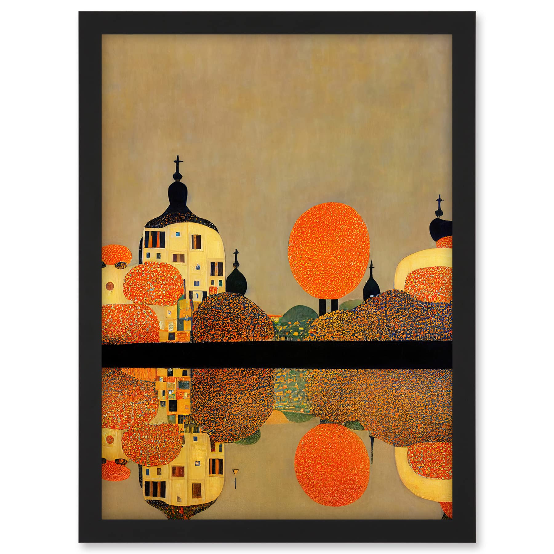 Wee Blue Coo Gustav Klimt Style Autumn Lakeside Town Church Reflection Artwork Framed A3 Wall Art Print