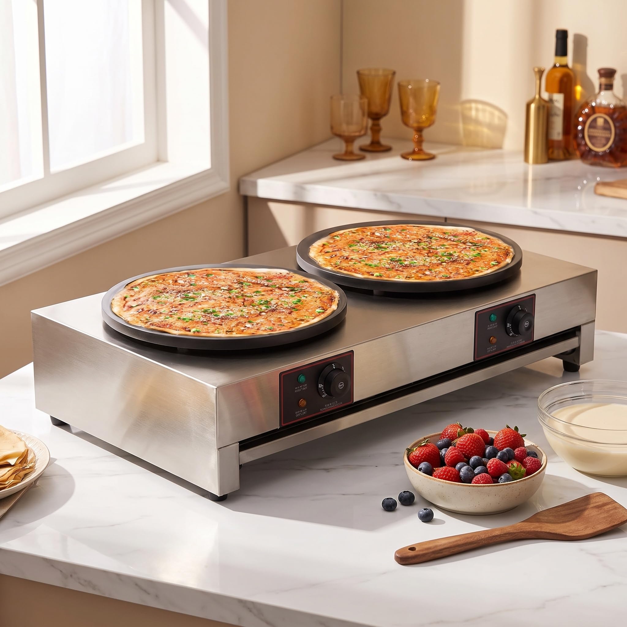16 '' Fabricante eléctrico del crepé, 2 en 1 Placa Caliente de la Plancha y del panqueque, Control de Calor Ajustable, máquina de Desayuno Comercial del Acero Inoxidable para la Cocina casera