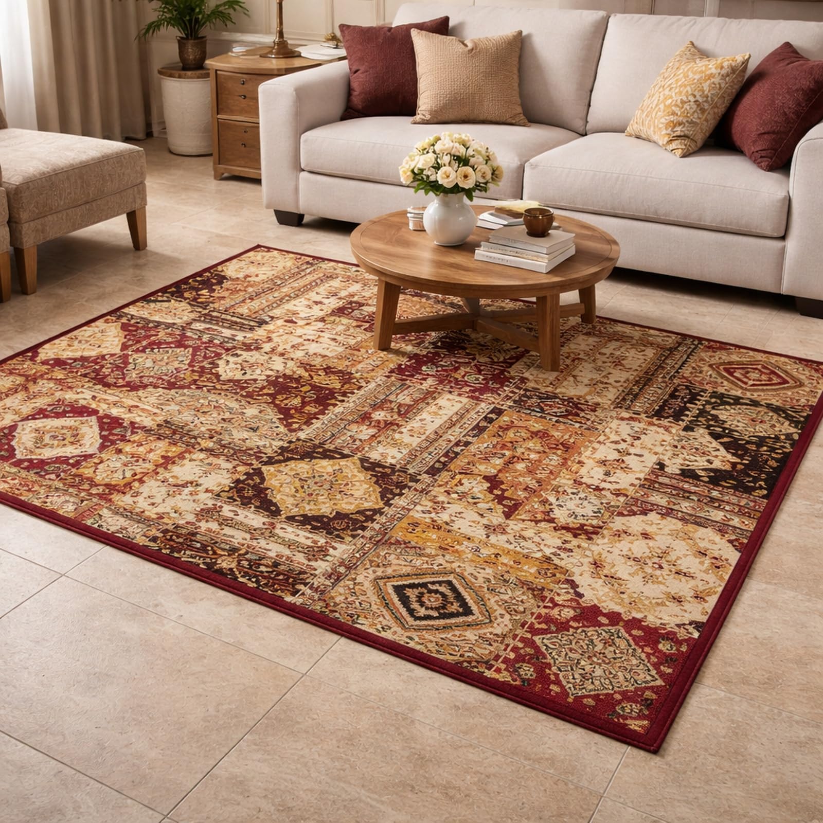 Tapis de salon multicolore 120x185 avec motifs floraux géométriques pour chambre