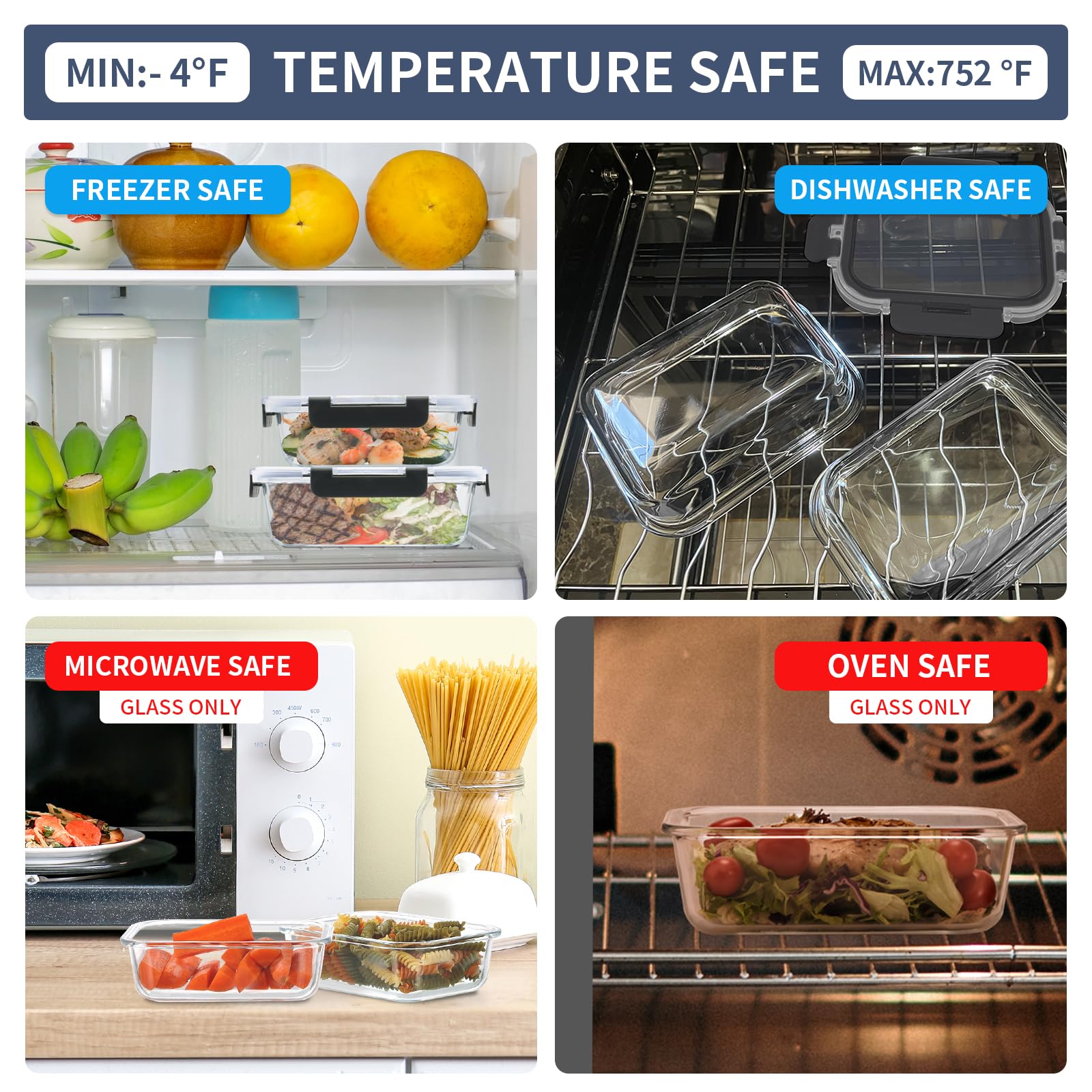 GULFLIN 6 Stück Glasbehälter für Mahlzeiten, Frischhaltedosen, luftdichte Bento-Boxen mit auslaufsicheren Deckeln, gefrier- bis mikrowellengeeignet