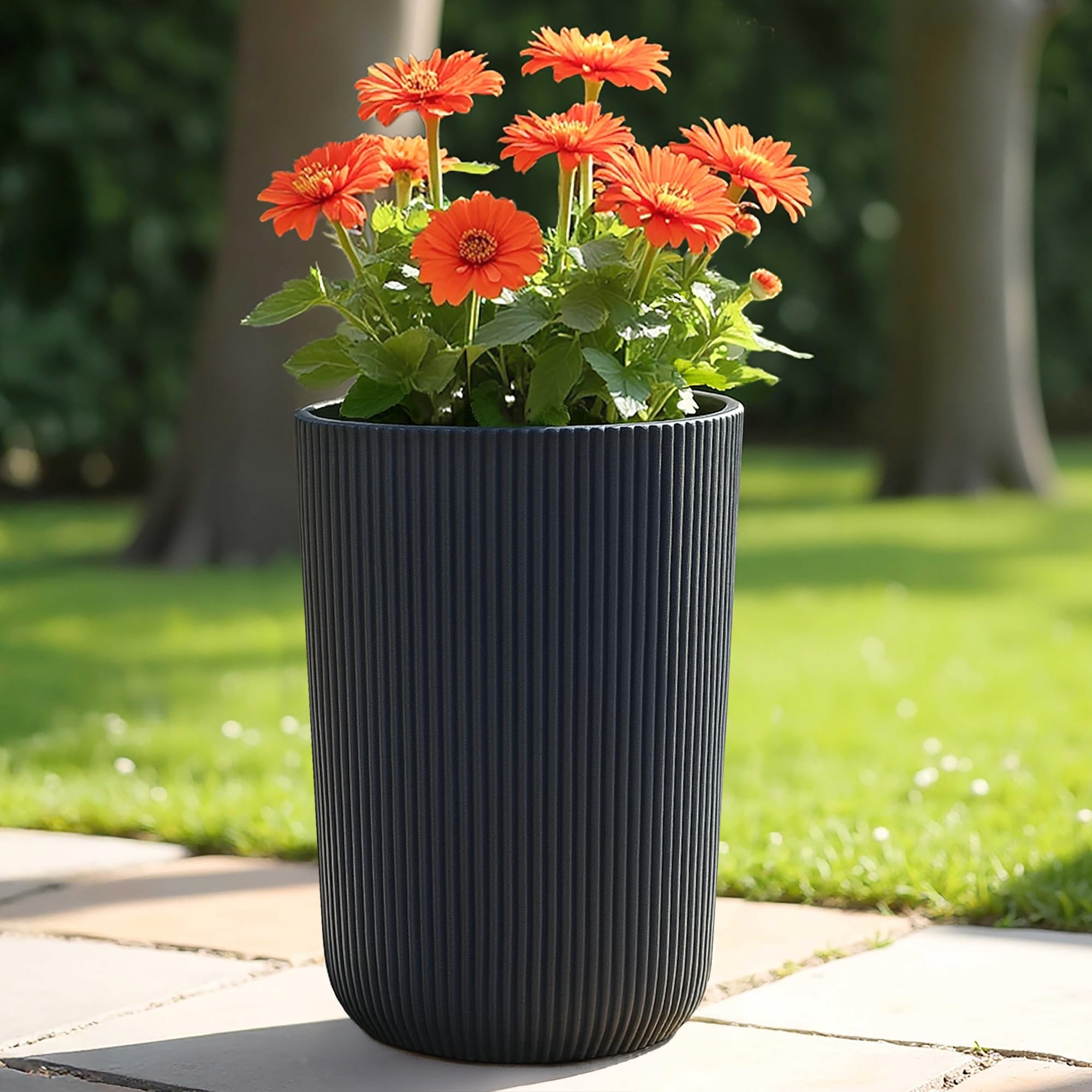IDEALIST Plant Pots 47cm Tall Planter, Ribbed Black Reinforced Stone, 35L