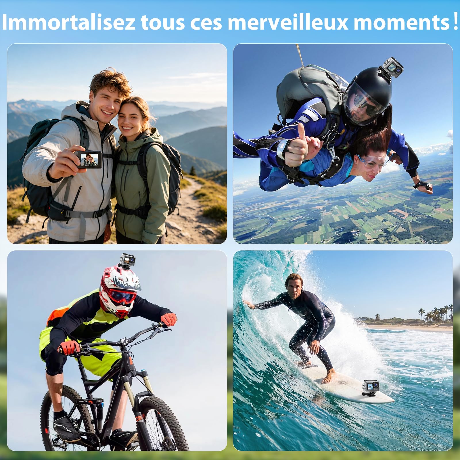 Caméra Sport 5K/4K 60FPS 50MP, Camera Étanche 30M, Caméra d'Action avec 64GB Carte, Stabilisation EIS, WiFi, Grand Angle 170°, Appareil Photo Etanche, Camera Casque pour Moto Plongée Vélo Vlog