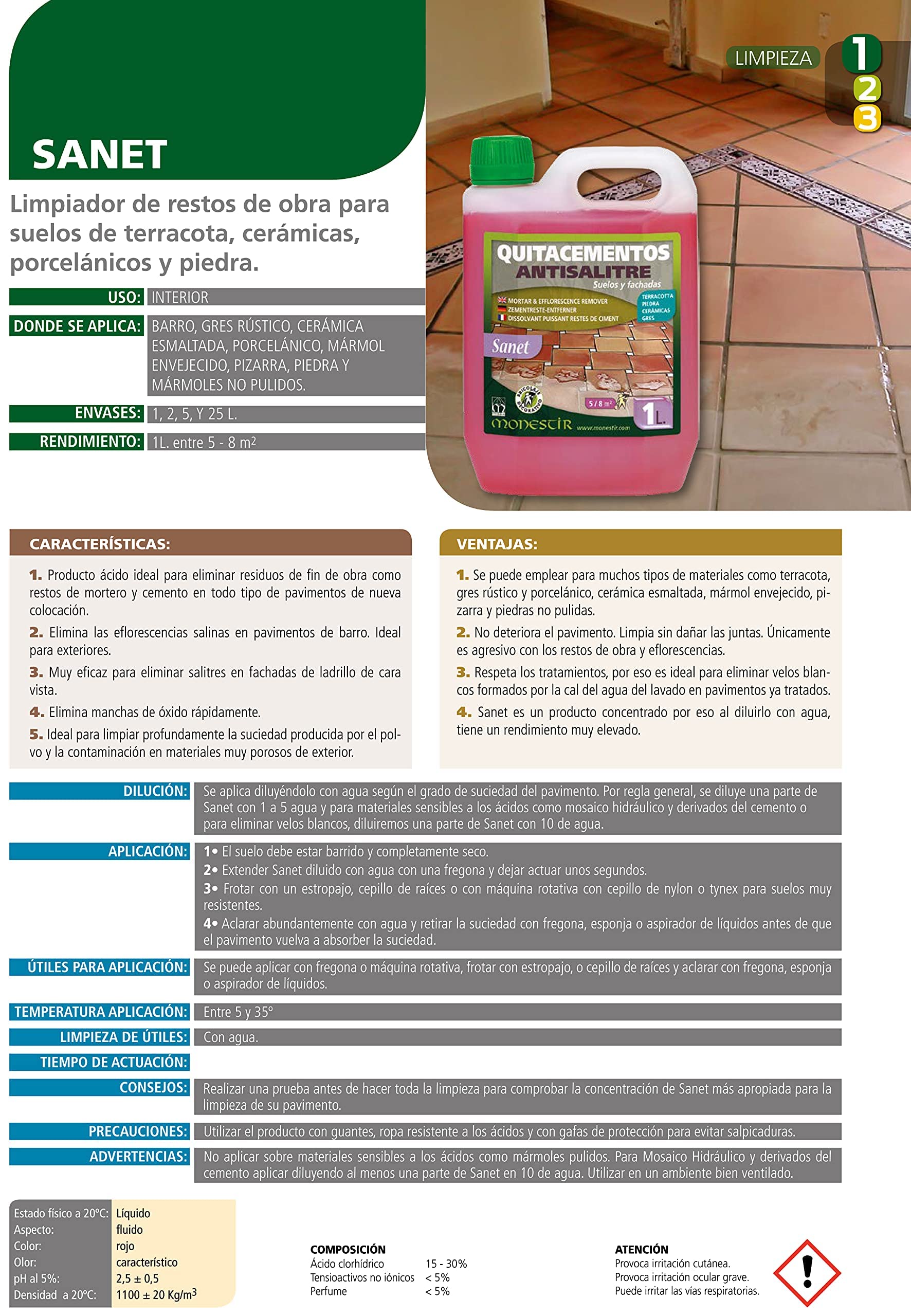 MONESTIR Impermeabilizante para Grietas y Juntas, 5 L & SANET Quitacementos Antisalitre Limpiador restos de Obra Suelos 2 Litros