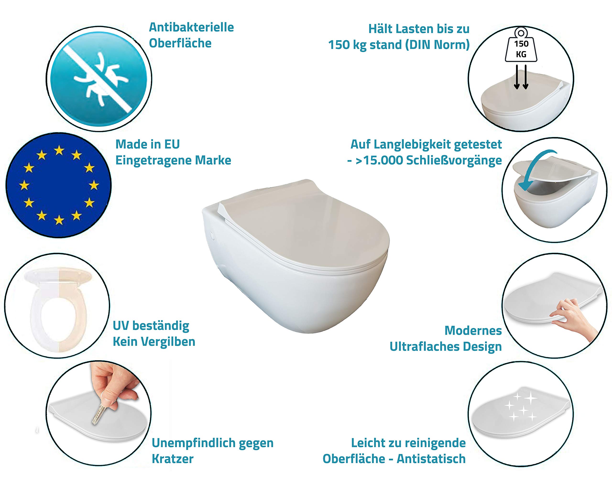Aqua Bagno - Asiento de inodoro plano con cierre suave Roxy en forma de D (plástico termoendurecido descenso automático, tapa extraíble y tapa de inodoro antibacteriana), color blanco