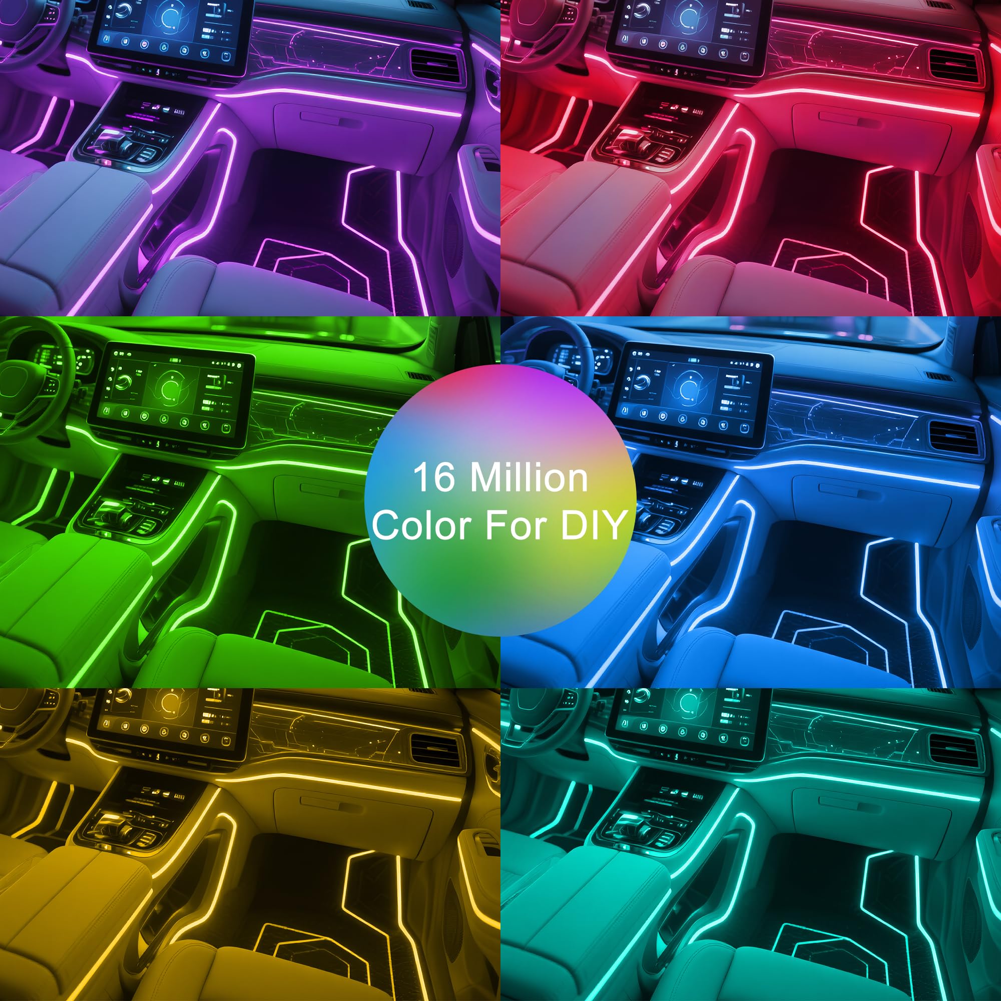 Interior Car LED Lights Wireless APP Control 5 in 1 RGB Ambient Lighting Kit with 236" Fiber Optic, 16 Million Colors Music Sync Waterproof LED Strip Lights for Cars Trucks SUVs Auto Interior Decor