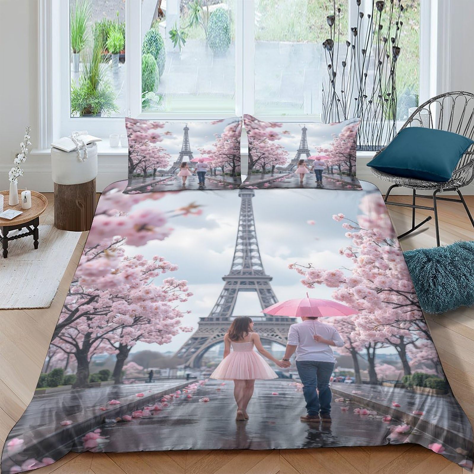 Ctjqhvkz Style-6 3D Printed Eiffel Tower Romance Fitted Sheet Microfiber Pink Blossom Bed Cover For Bedroom Guest Room Decor Single（135X200cm）