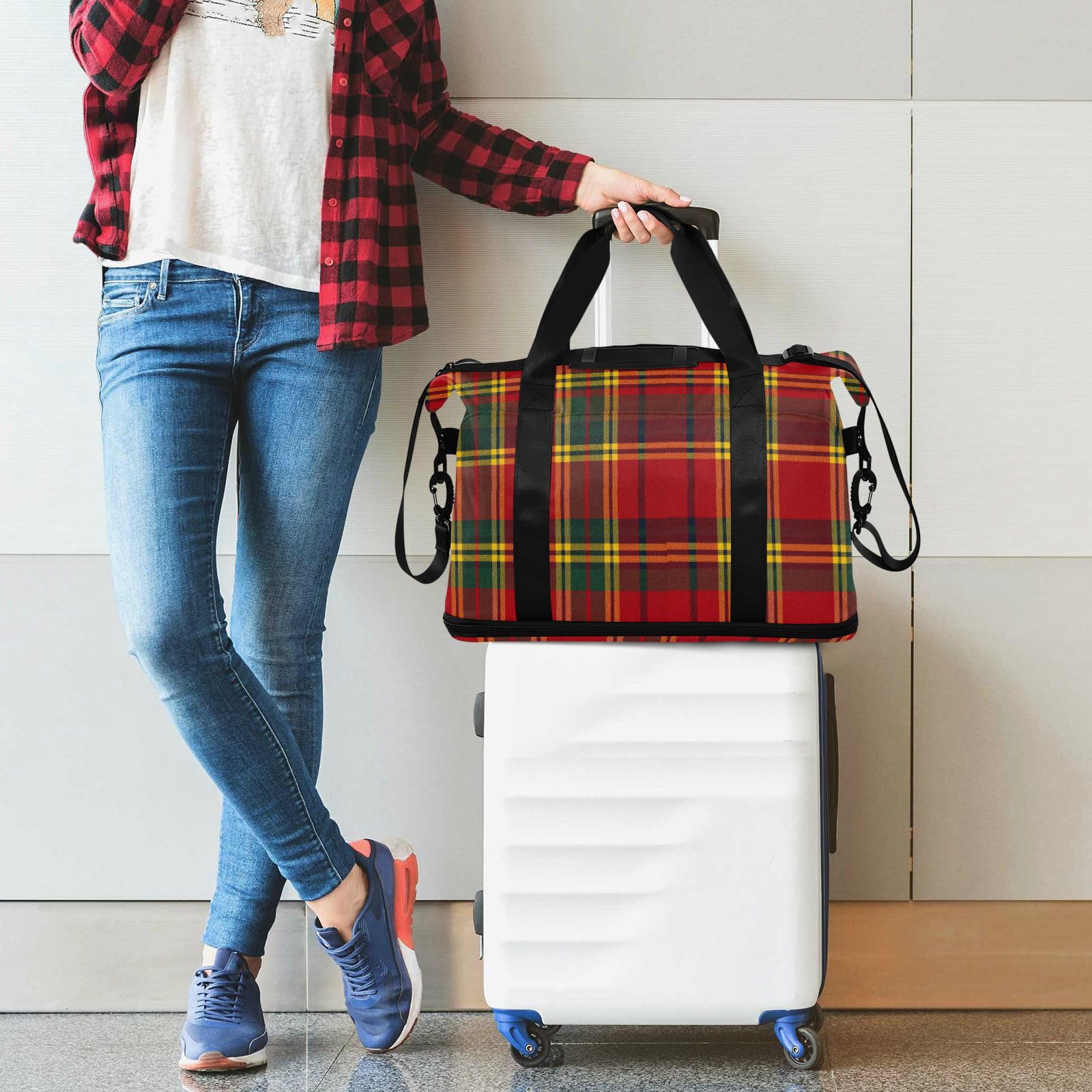 Bolsa de lona escocesa a cuadros de tartán rojo con bolsillo mojado, correa ajustable, bolsas de lona para yoga, gran capacidad para hombres y mujeres
