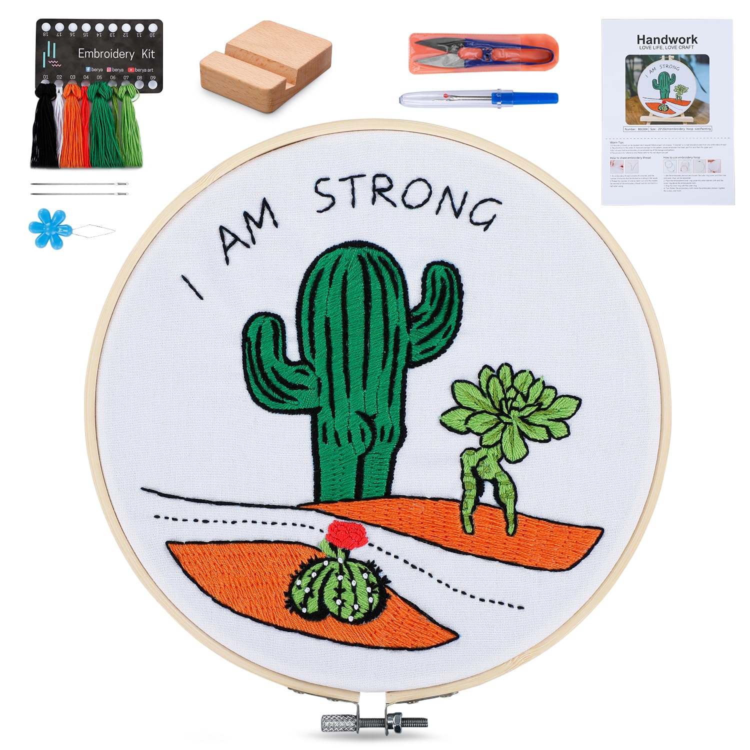 BERYAFunny Cactus Embroidery Kit with Embroidery Hoop, Easy Embroidery Kit for Beginners, Include Instructions, Display Stand, Printed Cloth, Threads and Tools - with Video Tutorials (BEC004)