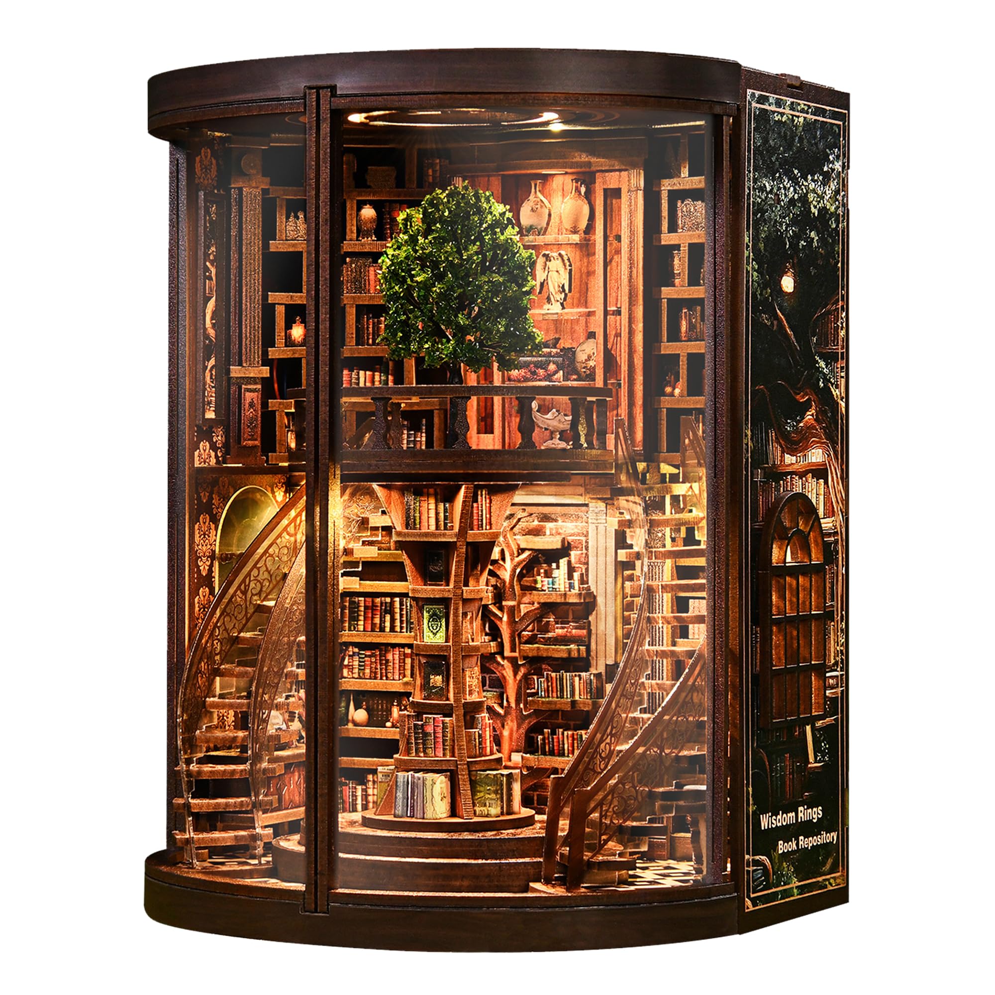 MAKEASY Book Nook Kit for Adults, DIY Wooden Miniature Library 3D Puzzle with Warm LED Light, Touch Switch & Dust Cover, Wisdom Rings Bookshelf Insert Gift for Book Lovers