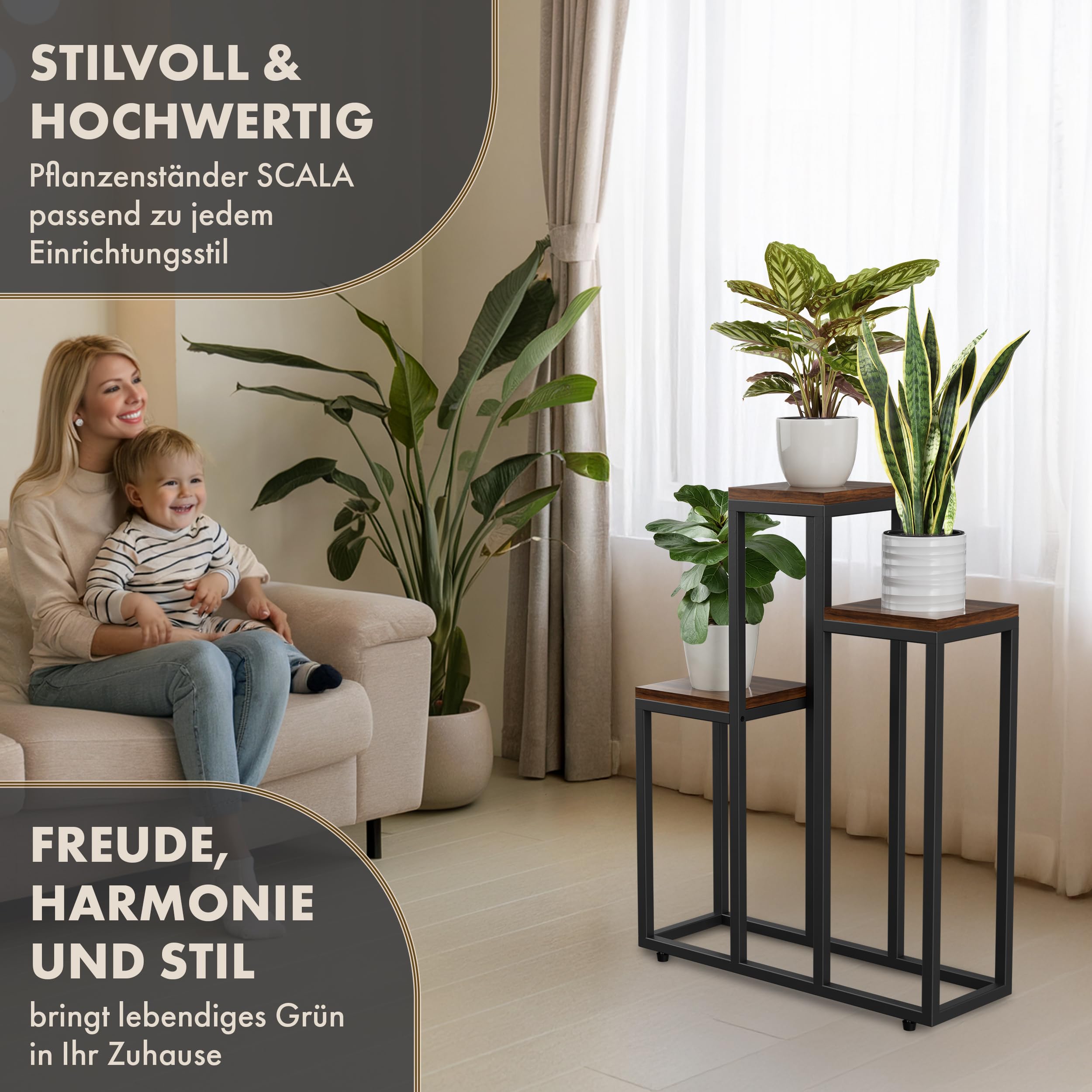 Blumenständer SCALA 3 Ebenen - 68 cm hoch schwarz Metall Deko