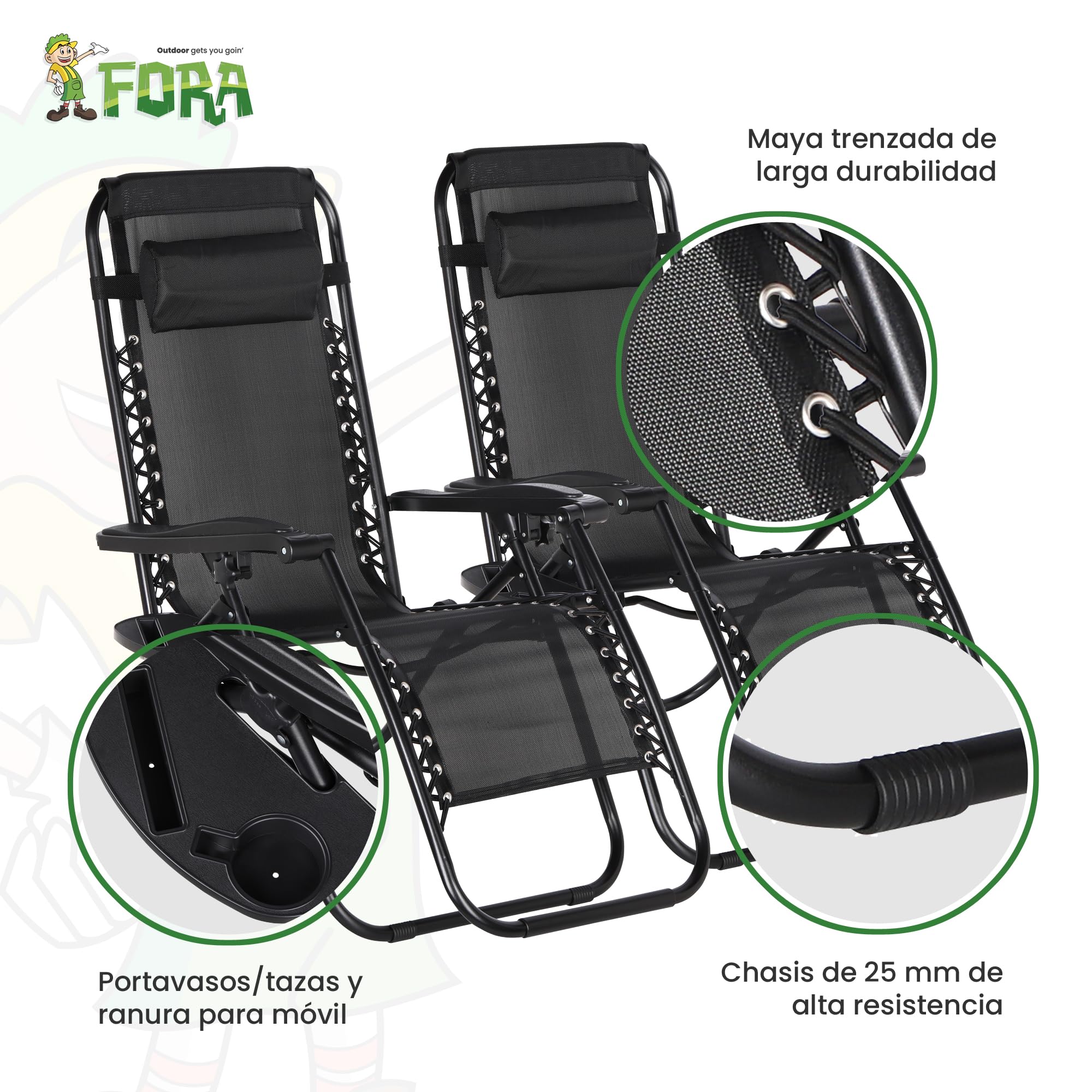FORA Pack 2 Tumbonas Jardín Exterior Plegables – 176×67×110 Cm, Tubo 25mm y Tejido Transpirable, Color Negro, Reclinables con Bloqueo de Seguridad, Cojín Incluido, Plegado Rápido, 120Kg