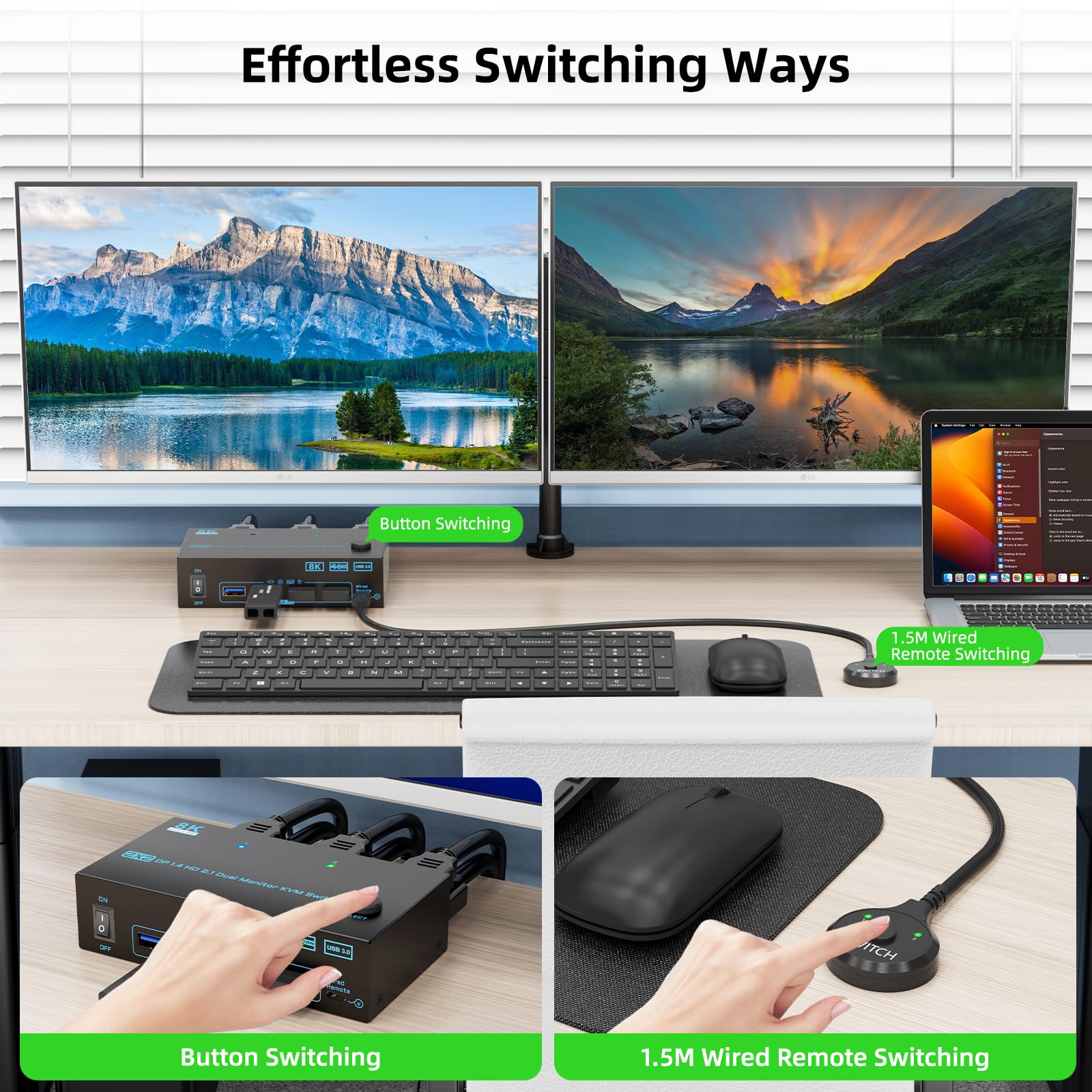 Commutateur KVM Displayport 1.4 + HDMI 2.1 Dual Monitor KVM 2 en 2 ports 2 ports - Prise en charge maximale 8K @ 60Hz/4K@144Hz pour 2 PC - 2 écrans et 4 USB 3.0