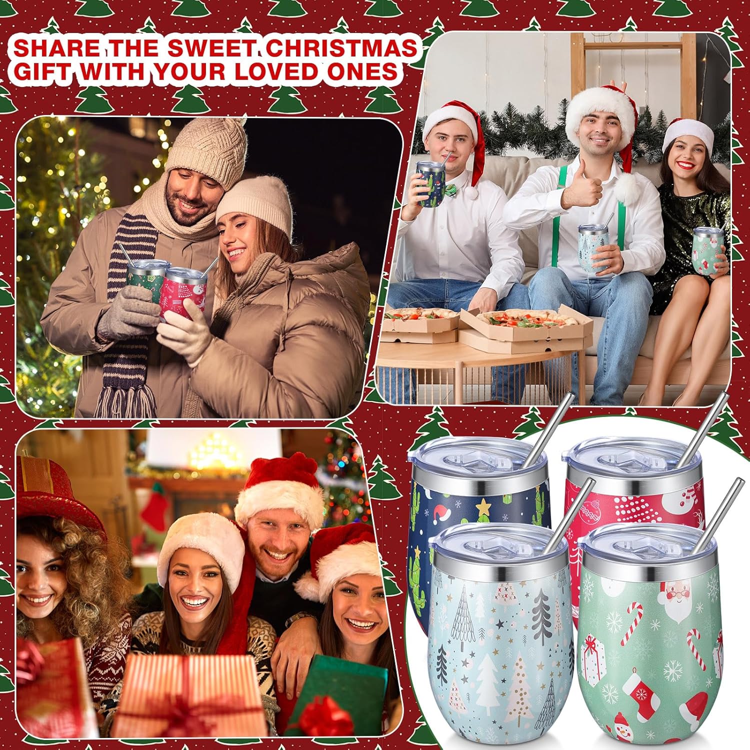 Sliner 18 Pieces Christmas Wine Tumbler Set 12 oz Xmas Funny Insulated Coffee Tumbler Cup Mug with Straw and Brush for Holiday Birthday New Year Party Gift Supplies
