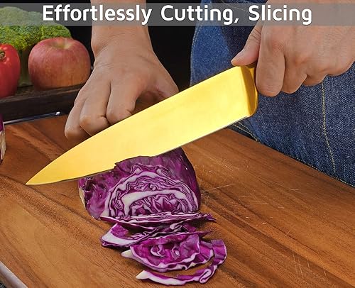 Miniatura 7 de WELLSTAR - Juego de cuchillos de cocina dorados de 5 piezas, hoja de acero inoxidable alemán afilada y mango ergonómico con revestimiento de titanio