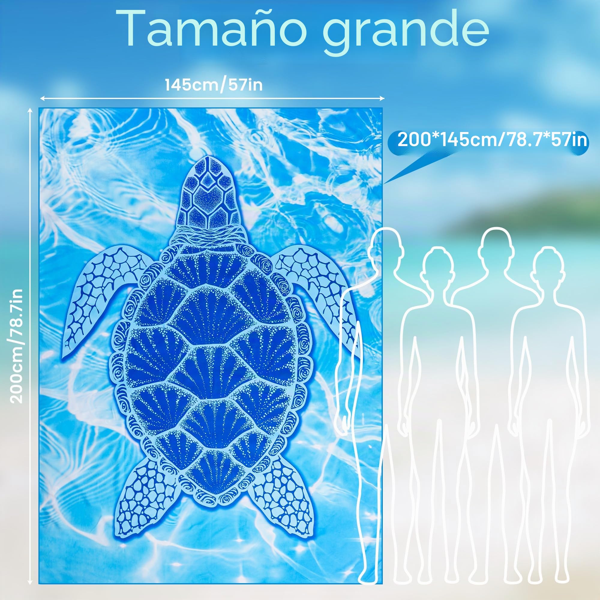 KUOGAS Toalla Playa XXL 200x145 cm Microfibra Secado Rápido Sin Arena Manta Playa Mujer Tortuga Azul
