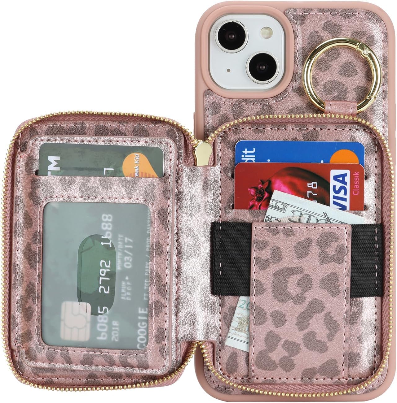 for iPhone 15 Case Wallet with Card Holder,for iPhone 15 Phone case Wallet with Zipper with Slot Kickstand Stand Case for Women and Man 5G 6.1 Inch-Rose Gold Leopard