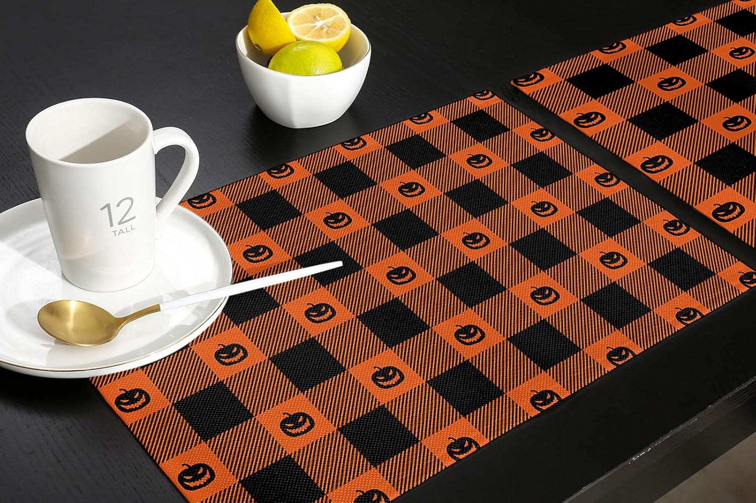 Halloween Placemats for Dining Table Set of 6, Cotton Linen Table Mats Non-Slip Washable Kitchen Table Placemats for Adults/Kids, Halloween Funny Pumpkins with Orange Black Buffalo Checkered Plaids