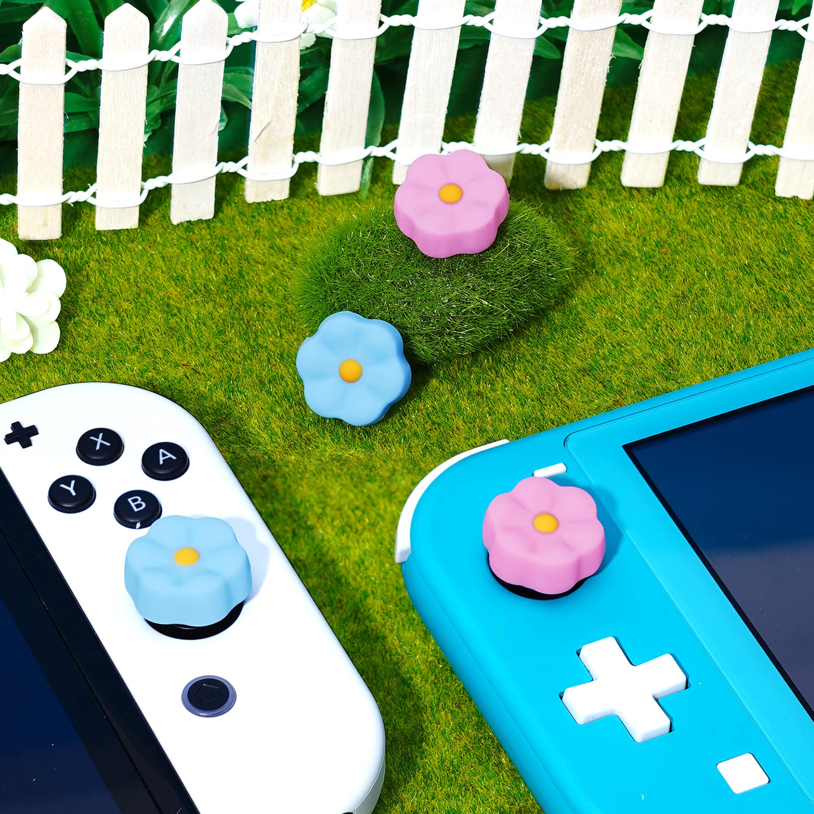 JINGDU Thumb Grip Caps for Switch Joy-Con, Cute Joystick Covers with 3D Pattern Cover Soft Adorable Silicone Analog 4Pcs Kit for Switch/OLED/Lite, Flower — view 5